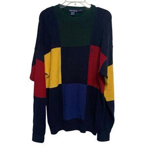 Nautica Sweater Mens XL Red Blue Yellow Green Color Block Cotton Y2K Vintage 90s